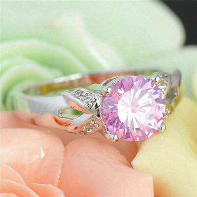 Pink Round Cut Cubic Zirconia Solitaire Wedding Gift 925 Sterling Silver Ring