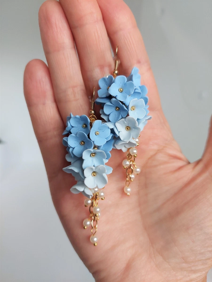 Flower Blue Earrings Long Handcrafted Fashion Wedding Polymer Clay