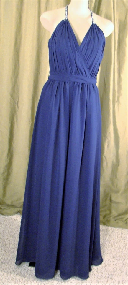 Vestido de graduación formal drapeado de gasa adornado con escote de cristal azul marino talla 10 Foto 2 de 4