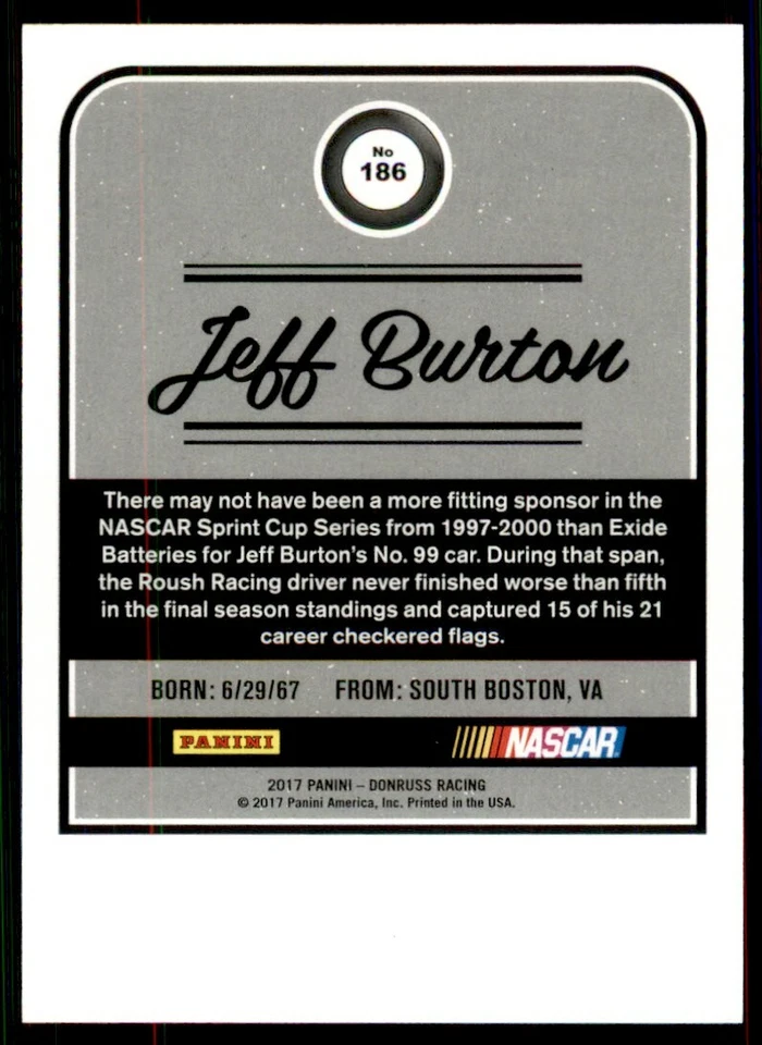 2017 Panini Donruss Name Variation Gold Jeff Burton /499 #186 NASCAR Racing - Image 2 of 2
