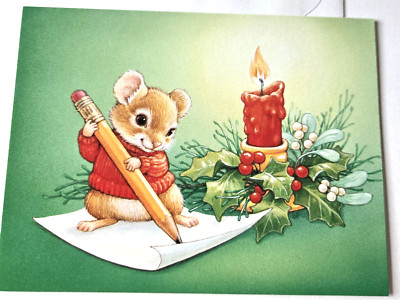 Vintage Christmas Card Blank Current Inc Cute Mouse Writing Note with Pencil
