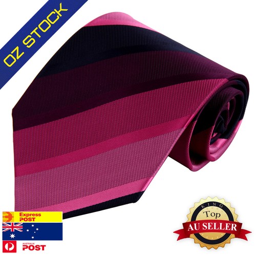 Men's Navy Blue Woven Necktie With Pink & Purple Stripes - 57" Slim Preppy Tie, Gift For Him