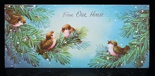 Vintage UNUSED Christmas Card GIBSON GLITTER BIRDS w/ PINK BELLIES on BRANCHES