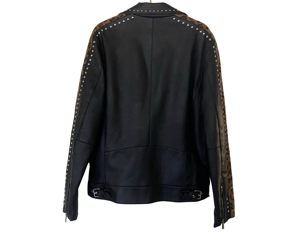 Zara Studded Faux Leather Biker Women's Jacket Size M Leopard Print Studded - Image 3 of 4
