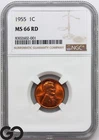 1955 Lincoln Cent Wheat Brilliant RED, Penny NGC MS 66 RD