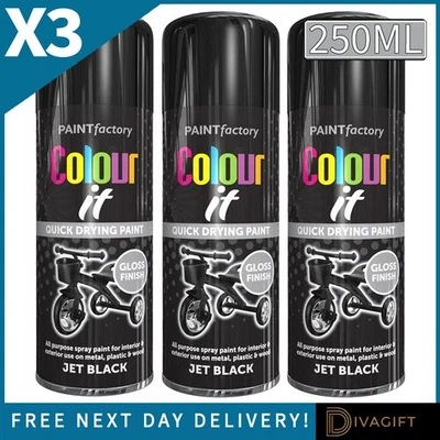 PAINT FACTORY 3 x JET BLACK GLOSS FINISH SPRAY PAINT 250ML AEROSOL FOR METAL WOOD PLASTIC NEW