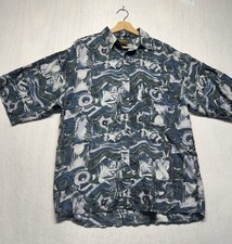 Vintage PURE 100 Silk Abstract Button Up Shirts Mens M Blue Green Art Print