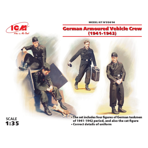 German Armoured Vehicle Crew 1941-1942 4 Figures And Cat Kit 1:35 Icm Kit Figure-image