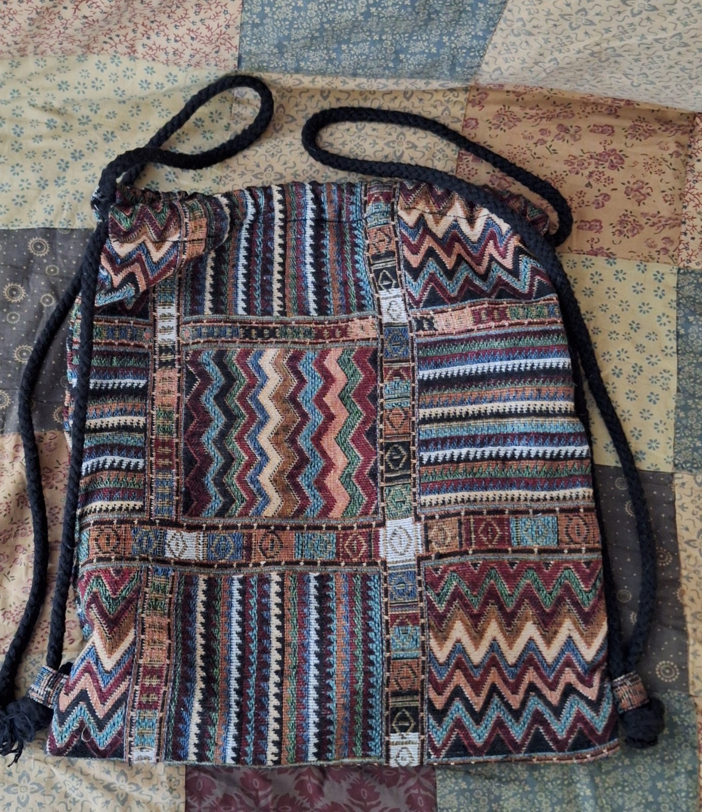 Knit Drawstring Bag Lightweight Boho Backback Car… - image 1