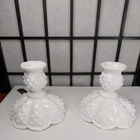 Fenton Hobnail Milk Glass Set Of 2 Candlestick Holders Scalloped bottom 4" Tall