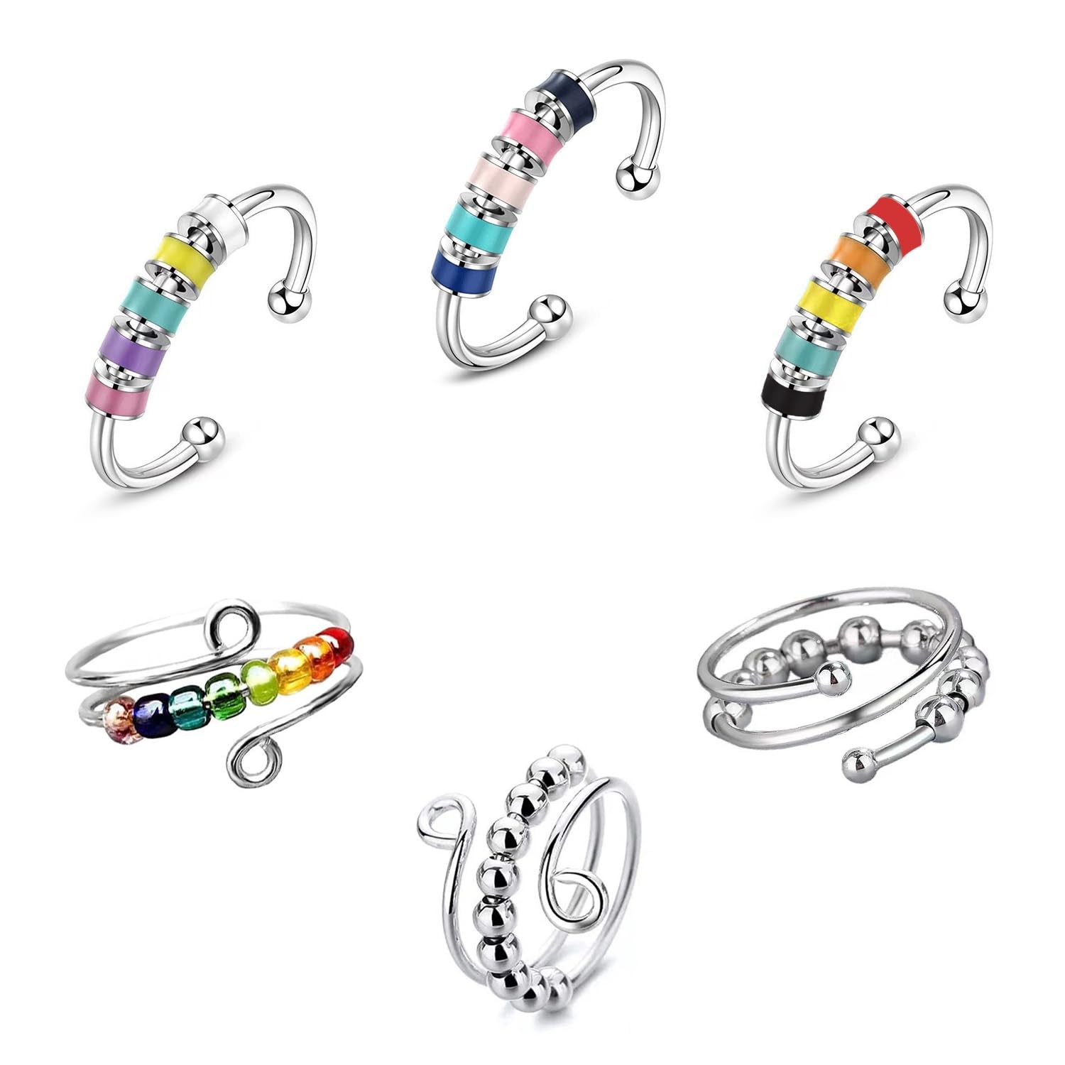 6 Pcs Anxiety Rings - Adjustable Spinning Enamel Fidget, Stress Relief