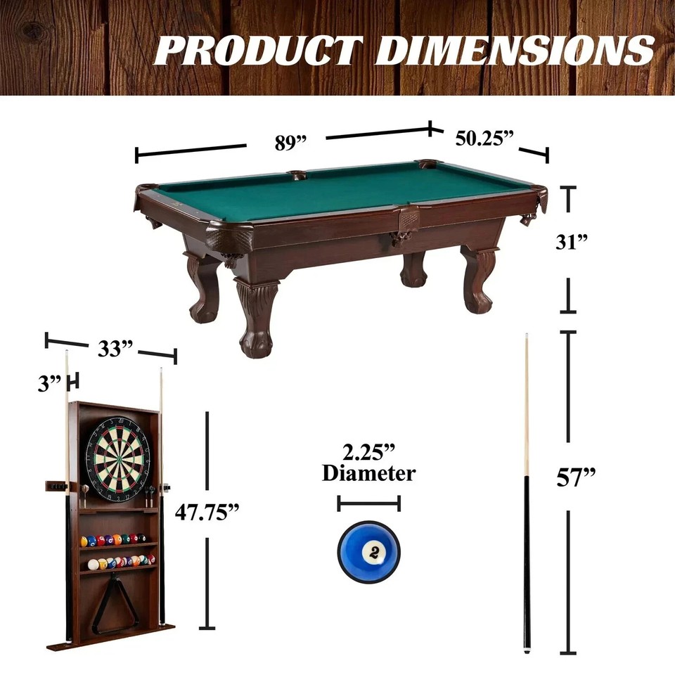 7.5 ft Pool Table, Bllard Cue Rack, Dartboard Set, Green, by Barrngton Bllards Company