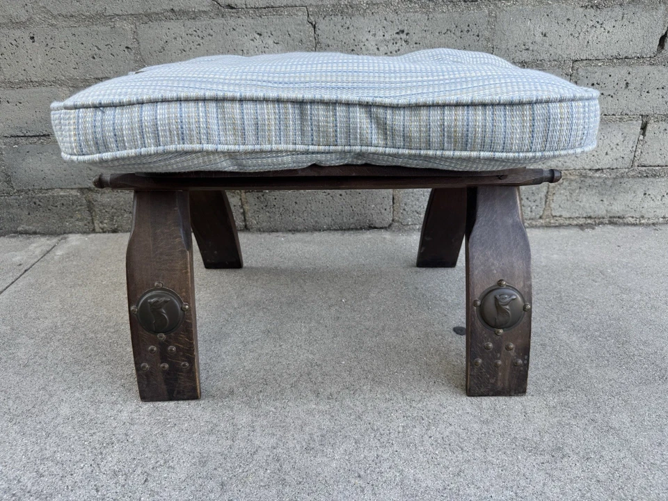 Vintage Camel Saddle Cushion Foot Stool Ottoman Wood Frame Cushion Top - Imagem 2 de 4