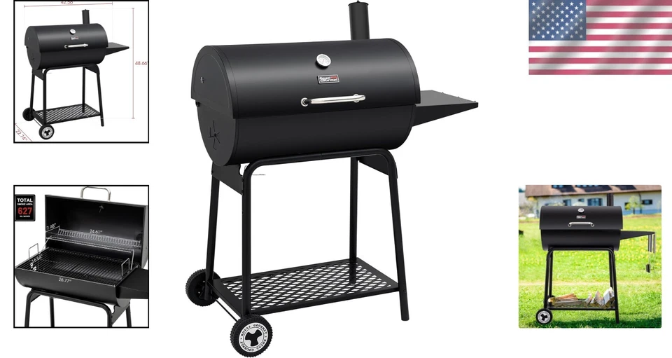 Parrilla de carbón de barril CC1830 de 30 pulgadas con 627 cuadrados In. Estante de calentamiento y termómetro Foto 2 de 4