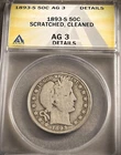 1893-S SILVER BARBER HALF DOLLAR ** ANACS AG 3 **  DETAILS  (7994)