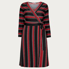 Plus Size Black Red Stripe Jersey Wrap Dress Long Sleeves Knee Length Size 18-28