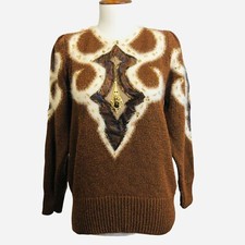 Vtg 80s Embellished Sweater Small Brown Gold Beaded Fuzzy Soft Angora Mohair