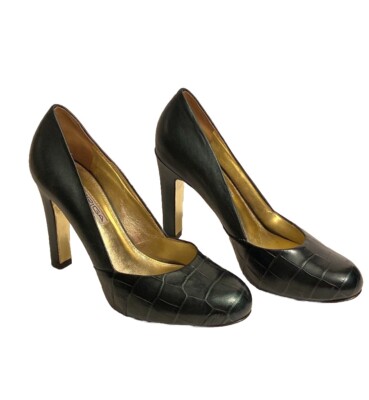 Via Spiga Dark Green Croc Print Metallic Leather Pumps Heels