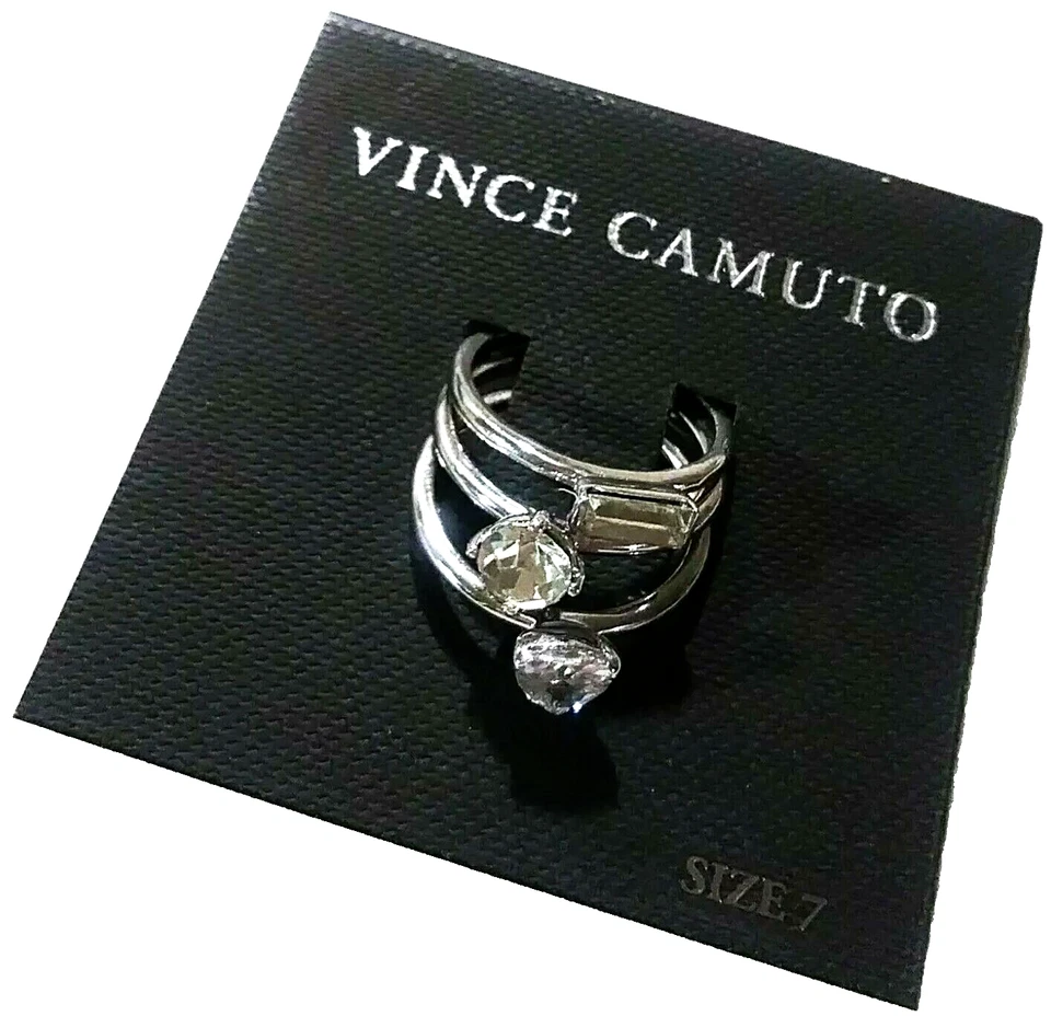 Juego de tres anillos solitario de cristal Vince Camuto talla 7 tono plateado apilables nuevos con etiquetas Foto 3 de 4
