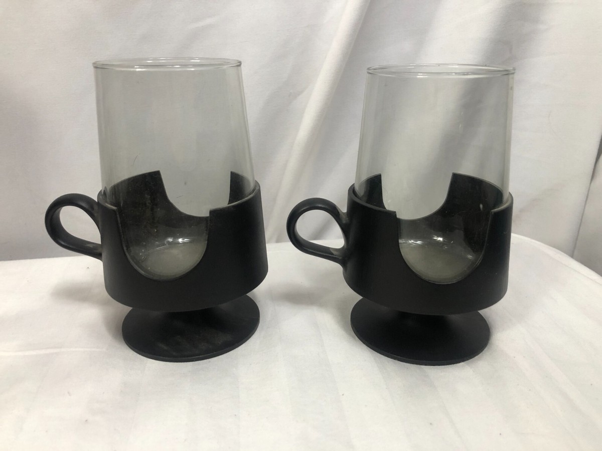 Lot Of 2 Corning Glas-Snap Black Mugs Cups Glass MCM Vintage Mid