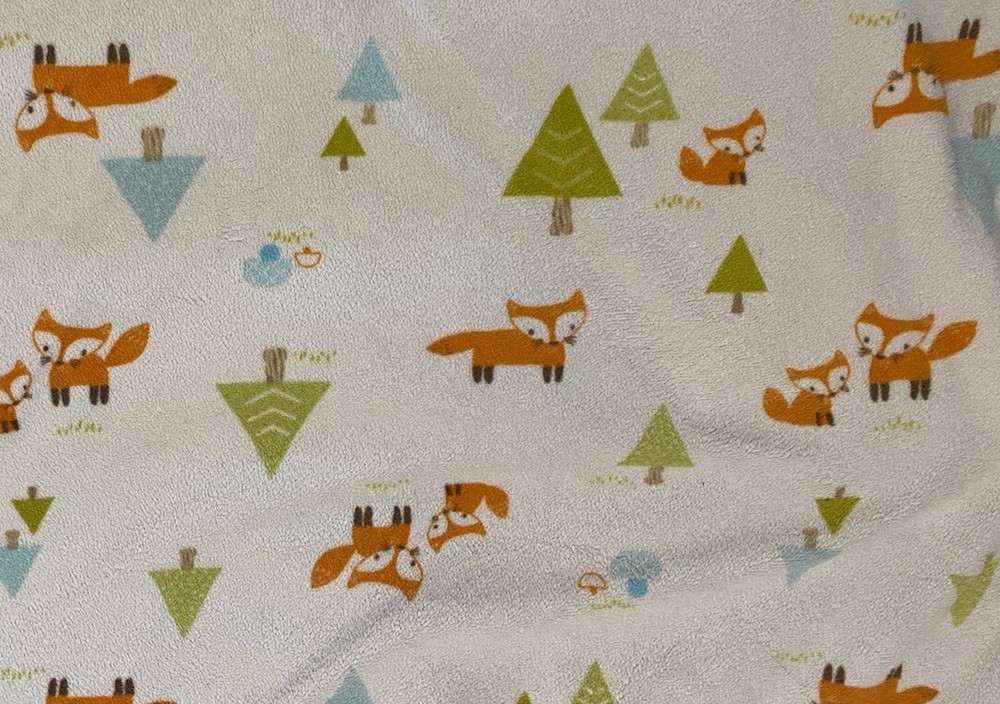 Cloud Island Woodland Trails Blanket Fox Tree Mushroom Forest White Tan Velboa