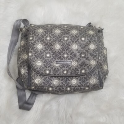 PETUNIA PICKLE BOTTOM Diaper Bag Boxy Gray White Floral Stitched Backpack