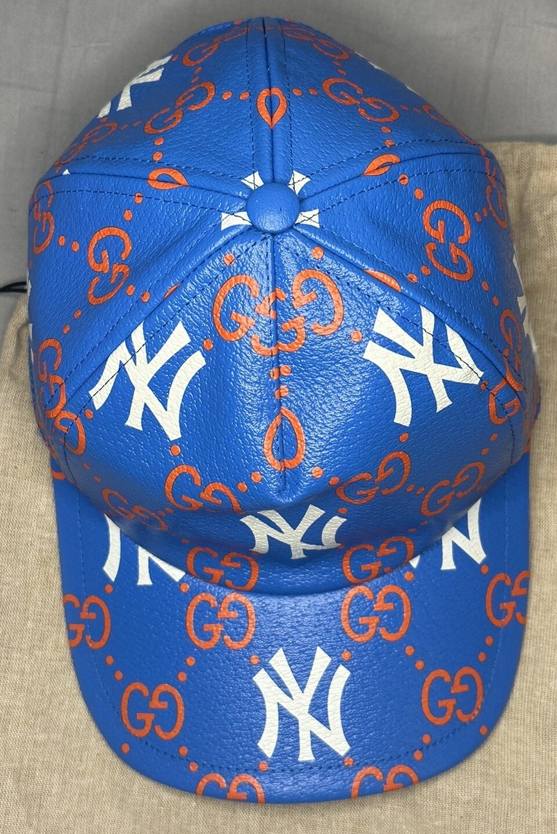 Gucci★素敵！NY Yankees GG Logo Leather Baseball Cap Hat Gucci Men's NY Yankees GG Logo Leather Baseball Cap Hat Blue