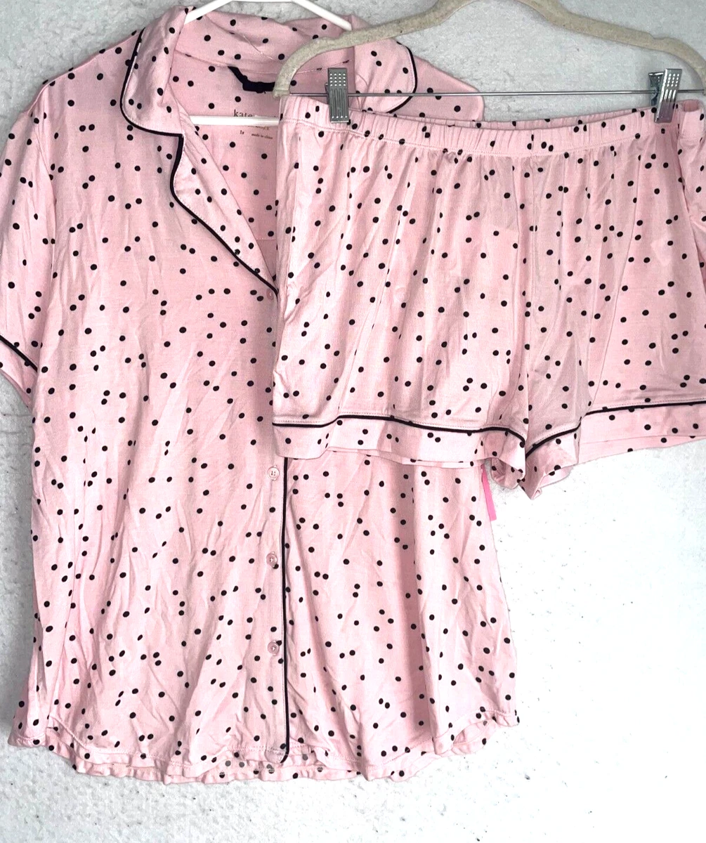 Kate Spade Women s Pink Black Polka Dot Pajama Set Short sleeve Modal 2pc XL NEW