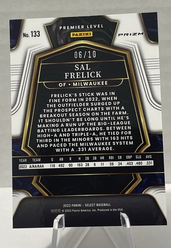 ๐ฅ SAL FRELICK BREWERS 2023 Select - Premier Level GOLD SSP #'D / 10 ๐ฅ - Picture 6 of 6