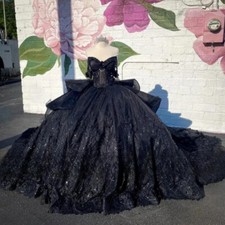 Black Crystal Quinceanera Dresses Applique Lace Off Shoulder Beading Sweet 16