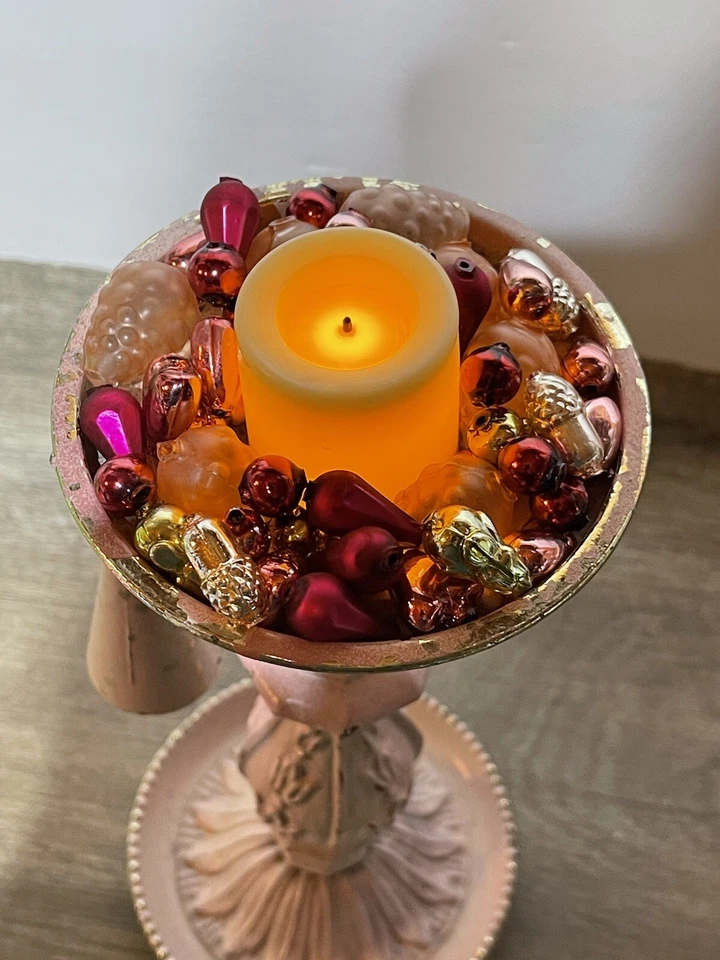 Candelabro Chippy Shabby Holder VILLA EE. UU. Elegante Oro Rosa Cuentas de Vidrio Mercurio De Colección Foto 2 de 4