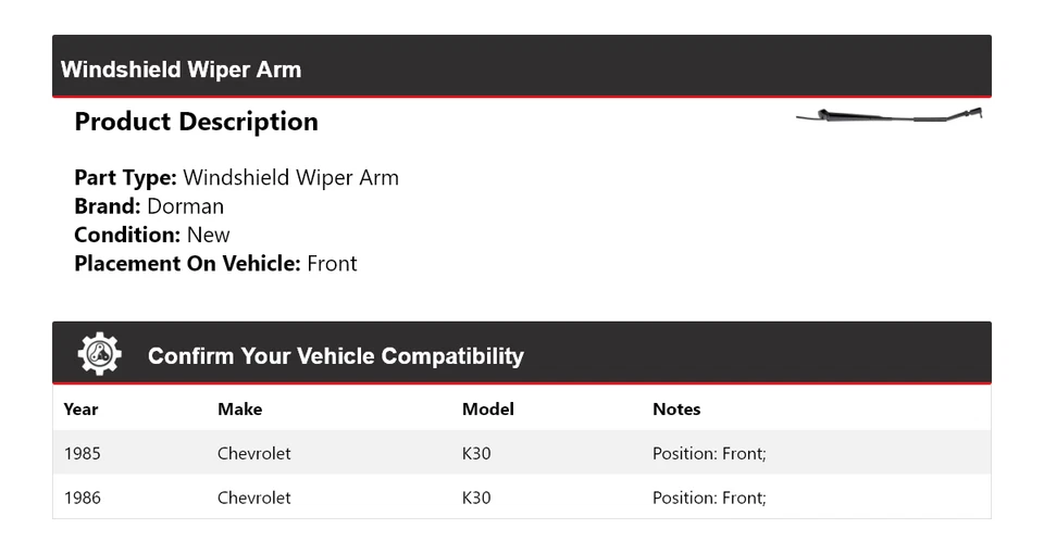 Brazo limpiaparabrisas delantero para Chevrolet K30 Dorman 1985-1986 Foto 2 de 3