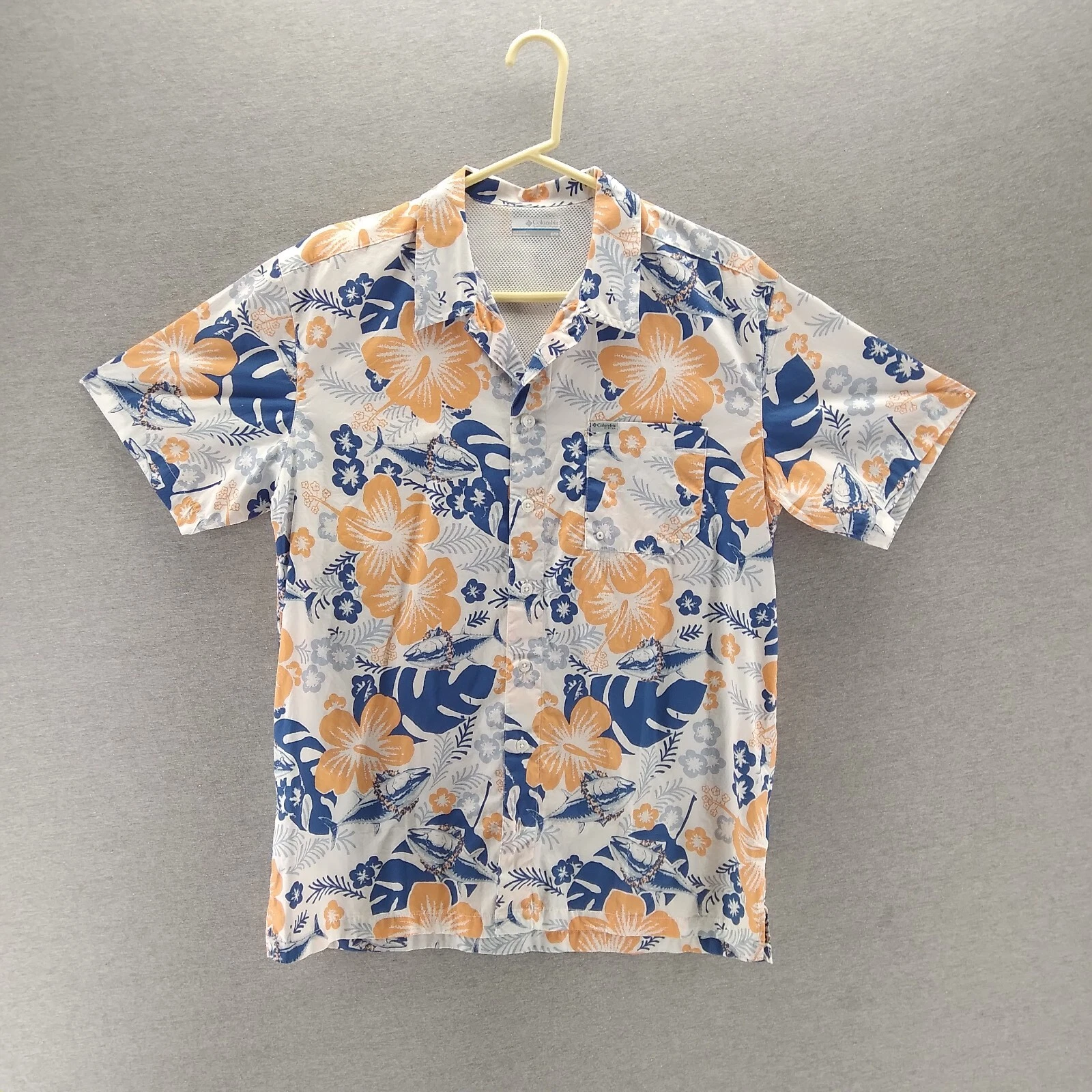 Columbia PFG Fishing Shirt Mens M Hibiscus All Over Print Vented #25