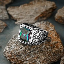 Solid 925 Sterling Silver Mystic Topaz Stone Turkish Men's Ring