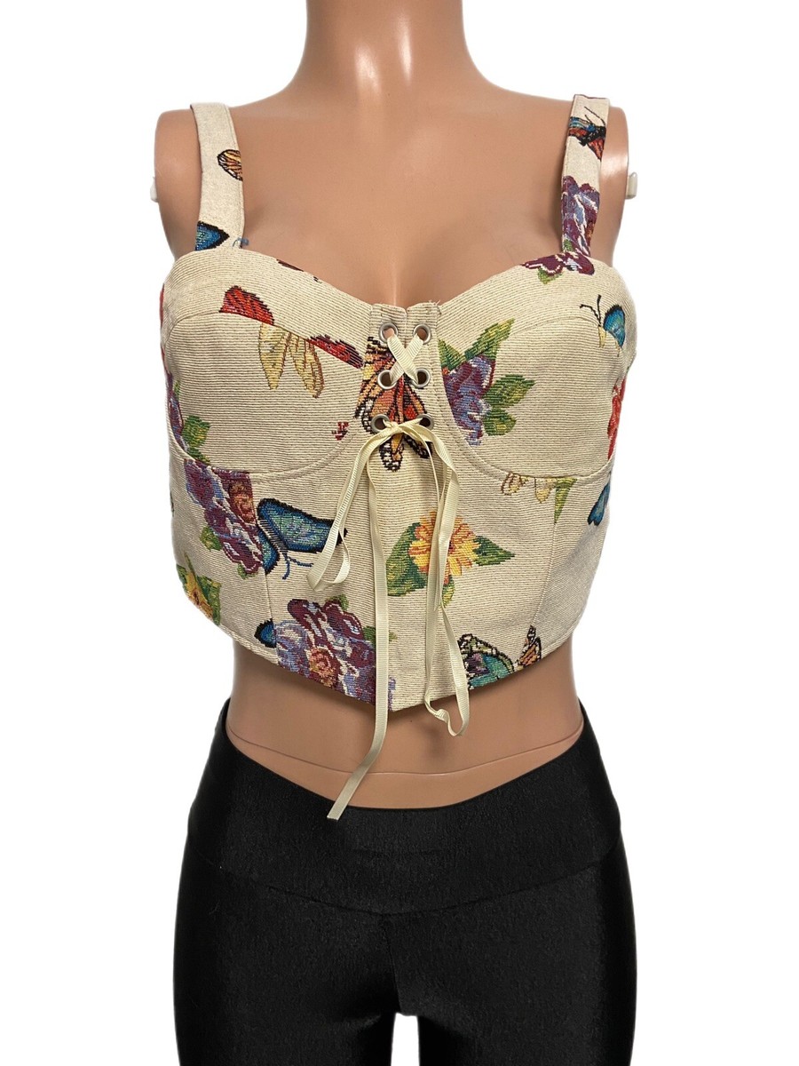 Y2K Cider L Beige Butterfly Corset Bustier Lace Up Back Zip