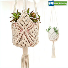Handmade Macrame Plant Hanger Boho Indoor Decor Beige Linen Rope Hanging Planter