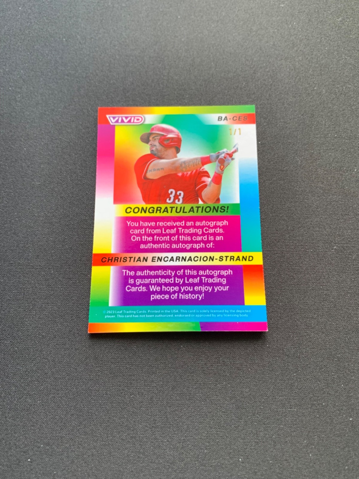 Christian Encarnacion-Strand 2023 Leaf Vivid Green Laser Auto 1/1 Reds view 2