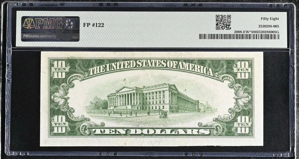1934 C Fr2008-EW* Wide $10 Dollar E Block FRN Paper Money Note PMG AU58 FP #122 - Image 2 of 2