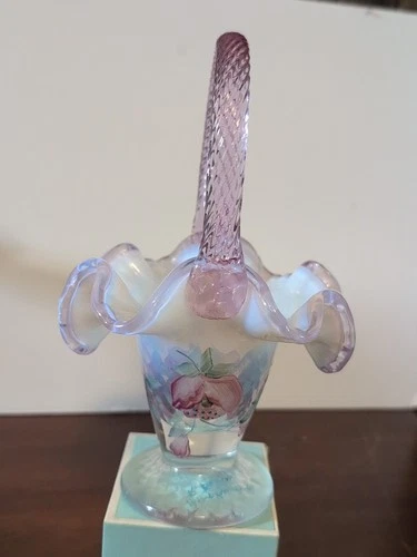 Fenton Art Glass Floral Basket Hand Painted Pink Rim And Handle 7"
