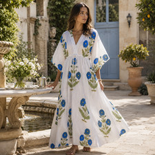White Cotton Floral Kaftan Dress Women Boho Maxi Beach Cover Up Loose Fit Caftan