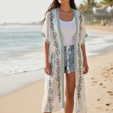 Floral Embroidered White Kimono Cover-Up