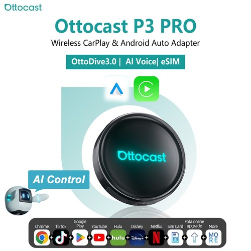OTTOCAST P3 Pro CarPlay AI Box Android Adapter Wireless Android Auto *AI Control