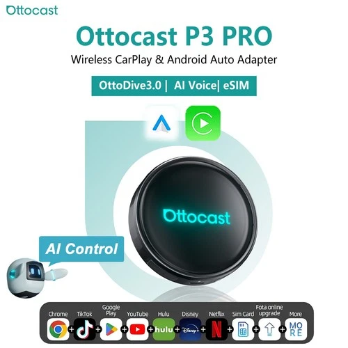 OTTOCAST P3 Pro CarPlay AI Box Android Adapter Wireless Android Auto *AI Control