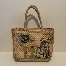 Woven Straw Garden Scene Embroidery Hand Bag Tote Purse Gingham Lining Medium