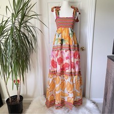 FARM Rio Anthropologie Dress Fruits Scarves Tiered Colorful Tropical Boho Maxi S