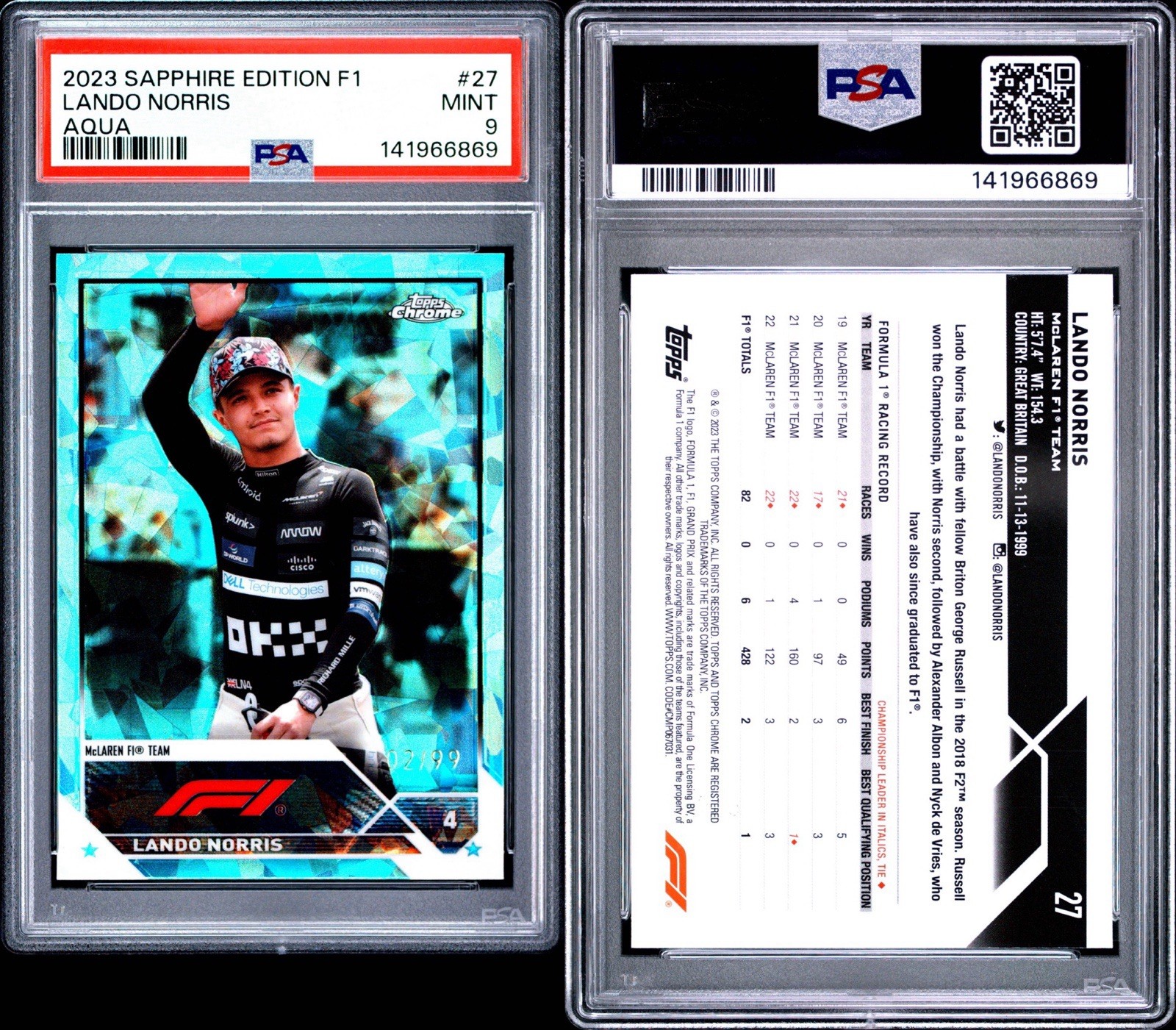 2023 Topps Chrome Sapphire Formula 1 F1 Drivers Aqua #/99 Lando Norris #27 PSA 9 view 3