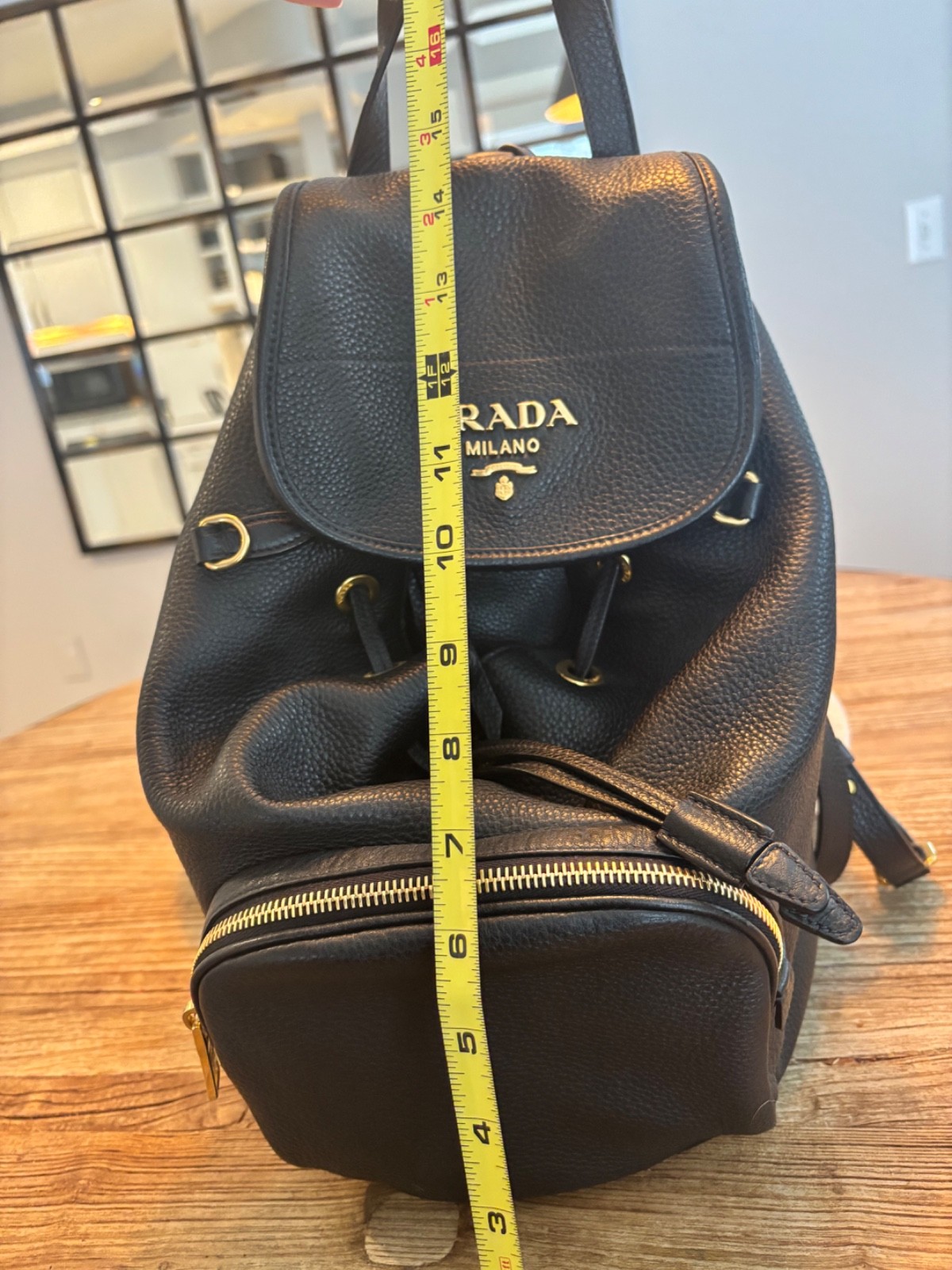 Authentic black Prada leather backpack purse w/ g… - image 10