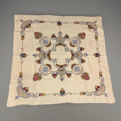1930 s 36  Square Linen Folk Art Cross Stitch Handmade tablecloth Wall Hanging