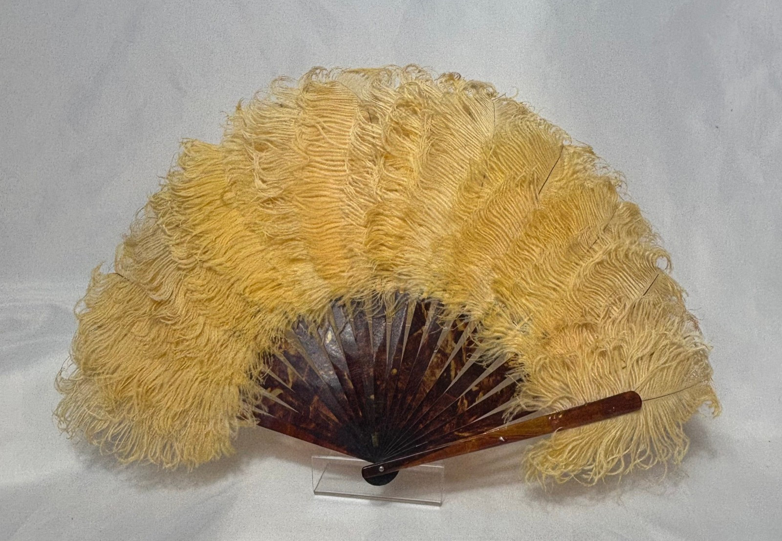Antique Ostrich Feather Fan Dyed Yellow Shell Shaped Faux Tortoiseshell Sticks