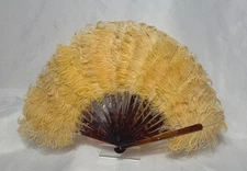 Antique Ostrich Feather Fan Dyed Yellow Shell Shaped Faux Tortoiseshell Sticks